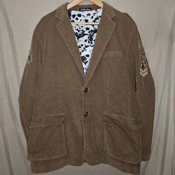 Affliction Mens Corduroy‎ Blazer Jacket Skull Patches Lined